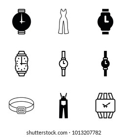 Strap icons. set of 9 editable filled and outline strap icons such as wrist watch, jumpsuit