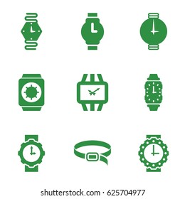 Strap icons set. set of 9 strap filled icons such as belt, wrist watch, wrist watch for woman