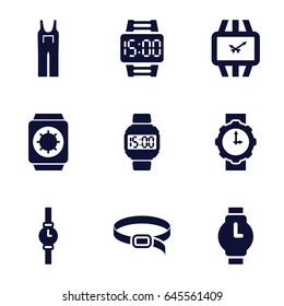 Strap icons set. set of 9 strap filled icons such as jumpsuit, belt, wrist watch