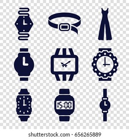 Strap icons set. set of 9 strap filled icons such as jumpsuit, belt, wrist watch, wrist watch for woman