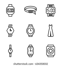 Strap icons set. set of 9 strap outline icons such as jumpsuit, belt, wrist watch, wrist dial watch