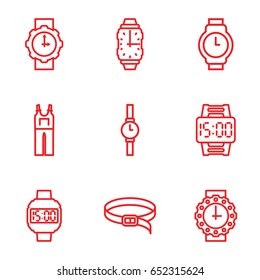 Strap icons set. set of 9 strap outline icons such as jumpsuit, belt, wrist watch, wrist watch for woman