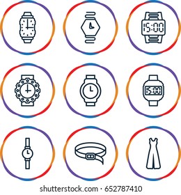 Strap icons set. set of 9 strap outline icons such as jumpsuit, belt, wrist watch, wrist watch for woman