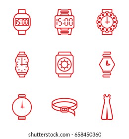 Strap icons set. set of 9 strap outline icons such as jumpsuit, belt, wrist watch for woman