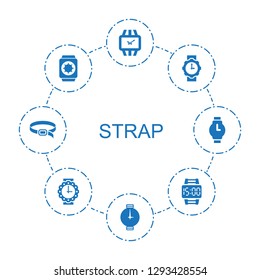 strap icons. Trendy 8 strap icons. Contain icons such as wrist watch, wrist watch for woman, wrist watch with sun, dial belt. strap icon for web and mobile.