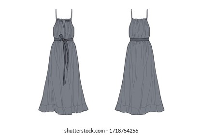 Strap maxi dress design with belt, flat sketch, front and back views