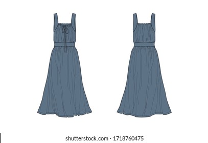 Strap midi dress with elastic waist, flat sketch, front and back views