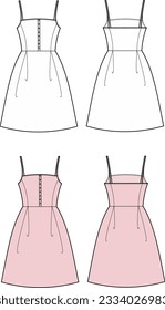Strap mini dress flat sketch. Summer gown apparel design. Front and back. Women CAD mockup. Fashion technical drawing template. Vector illustration.