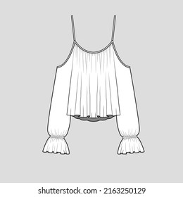 Strap Off Shoulder Long elastic gathering ruffles sleeve top fashion clothing flat sketch technical drawing template design vector