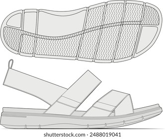 Strap sandal outline drawing vector, flip-flop design, side and outsole view