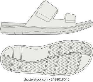 Vector de dibujo de contorno de sandalia de correa, diseño flip-flop, vista lateral y exterior