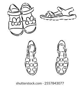 strap sandal outline drawing vector, strap sandal in a sketch style,