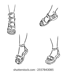 strap sandal outline drawing vector, strap sandal in a sketch style,