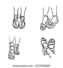 strap sandal outline drawing vector, strap sandal in a sketch style,