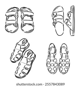 strap sandal outline drawing vector, strap sandal in a sketch style,