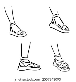 strap sandal outline drawing vector, strap sandal in a sketch style,