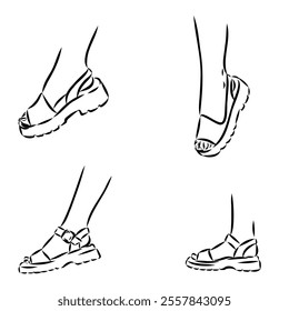 strap sandal outline drawing vector, strap sandal in a sketch style,