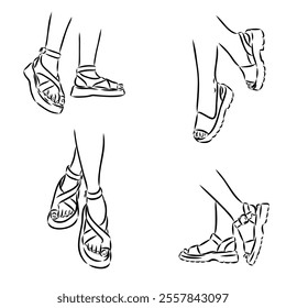 strap sandal outline drawing vector, strap sandal in a sketch style,