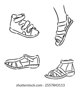 strap sandal outline drawing vector, strap sandal in a sketch style,