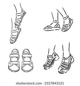 strap sandal outline drawing vector, strap sandal in a sketch style,