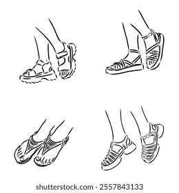 strap sandal outline drawing vector, strap sandal in a sketch style,