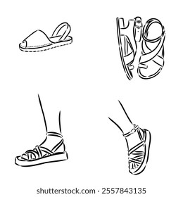 strap sandal outline drawing vector, strap sandal in a sketch style,