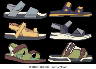 Strap sandals coloring drawing vector, strap sandals drawn in a sketch style, bundling strap sandals template full color, vector Illustration.
