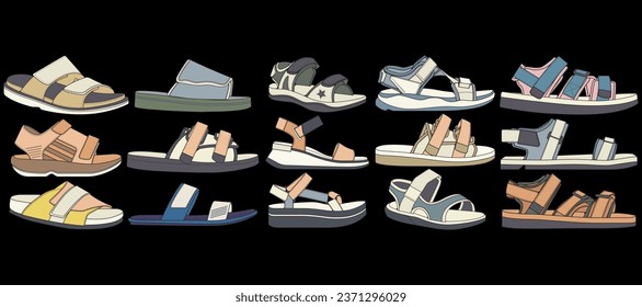 Strap sandals coloring drawing vector, strap sandals drawn in a sketch style, bundling strap sandals template full color, vector Illustration.
