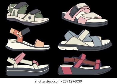 Strap sandals coloring drawing vector, strap sandals drawn in a sketch style, bundling strap sandals template full color, vector Illustration.
