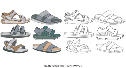 Strap sandals coloring drawing vector, strap sandals drawn in a sketch style, bundling strap sandals template full color, vector Illustration.
