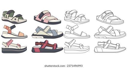 Strap sandals coloring drawing vector, strap sandals drawn in a sketch style, bundling strap sandals template full color, vector Illustration.
