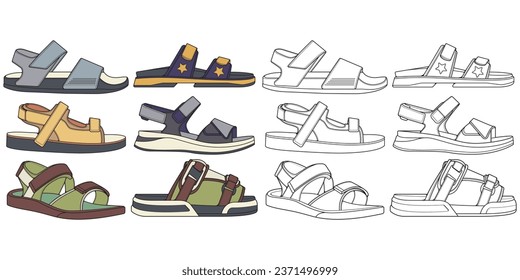 Ständersandalen, farbige Vektorgrafik, Skizzensandalen, Bundle-Skizze, Bundle-Sand-Vorlage in voller Farbe, Vektorgrafik.
