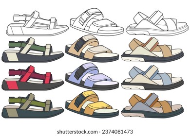 Strap sandals coloring drawing vector, strap sandals drawn in a sketch style, bundling strap sandals template full color, vector Illustration.
