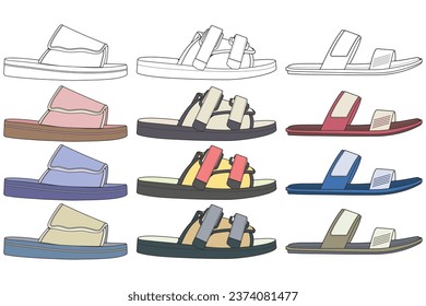 Strap sandals coloring drawing vector, strap sandals drawn in a sketch style, bundling strap sandals template full color, vector Illustration.
