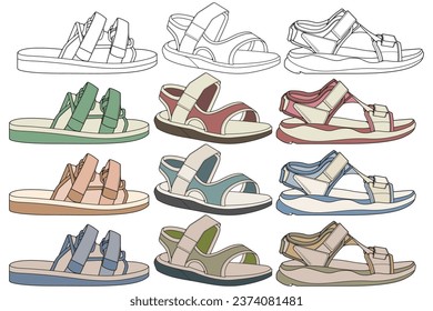 Strap sandals coloring drawing vector, strap sandals drawn in a sketch style, bundling strap sandals template full color, vector Illustration.
