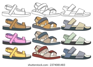 Strap sandals coloring drawing vector, strap sandals drawn in a sketch style, bundling strap sandals template full color, vector Illustration.
