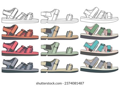 Strap sandals coloring drawing vector, strap sandals drawn in a sketch style, bundling strap sandals template full color, vector Illustration.
