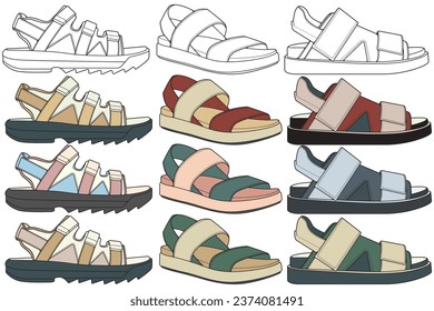 Strap sandals coloring drawing vector, strap sandals drawn in a sketch style, bundling strap sandals template full color, vector Illustration.
