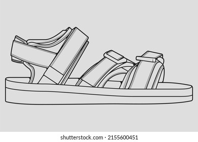 strap sandals outline drawing vector, strap sandals in a sketch style, trainers template outline, vector Illustration.