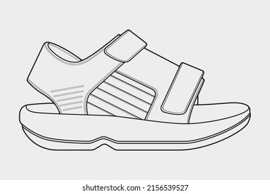 strap sandals outline drawing vector, strap sandals in a sketch style, trainers template outline, vector Illustration.