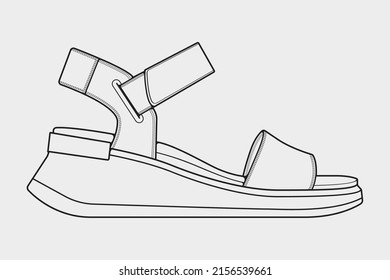 strap sandals outline drawing vector, strap sandals in a sketch style, trainers template outline, vector Illustration.