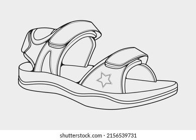 strap sandals outline drawing vector, strap sandals in a sketch style, trainers template outline, vector Illustration.