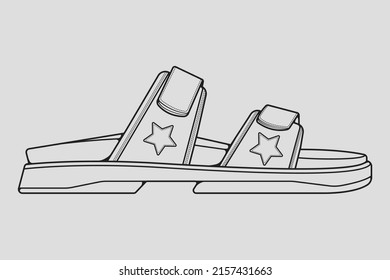 strap sandals outline drawing vector, strap sandals in a sketch style, trainers template outline, vector Illustration.