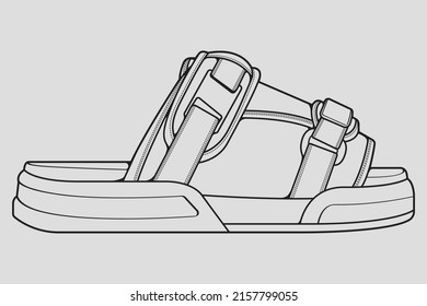 strap sandals outline drawing vector, strap sandals in a sketch style, trainers template outline, vector Illustration.
