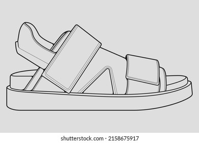 strap sandals outline drawing vector, strap sandals in a sketch style, trainers template outline, vector Illustration.