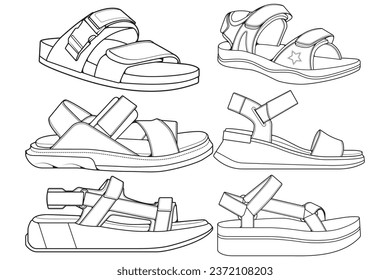 Strap sandals outline drawing vector, strap sandals drawn in a sketch style, bundling strap sandals template outline, vector Illustration.