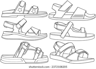 Strap sandals outline drawing vector, strap sandals drawn in a sketch style, bundling strap sandals template outline, vector Illustration.