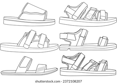 Strap sandals outline drawing vector, strap sandals drawn in a sketch style, bundling strap sandals template outline, vector Illustration.