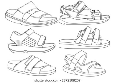 Strap sandals outline drawing vector, strap sandals drawn in a sketch style, bundling strap sandals template outline, vector Illustration.