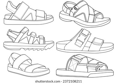 Strap sandals outline drawing vector, strap sandals drawn in a sketch style, bundling strap sandals template outline, vector Illustration.